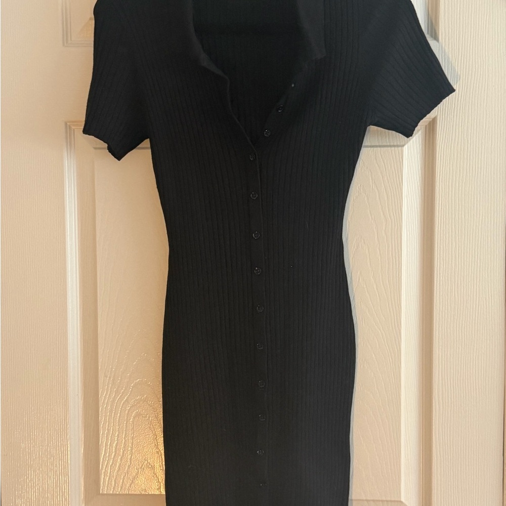 Urban Outfitters Black Ribbed Button-Front Mini Dress